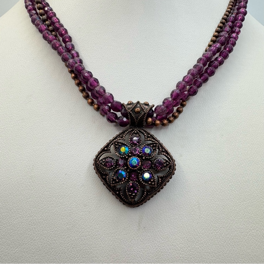 Avon Purple Beaded Necklace Ornate Crystal Pendant